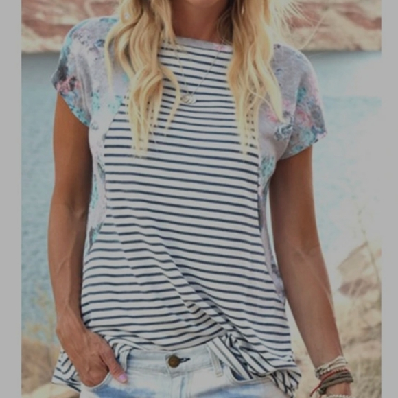Stripe and Floral Loose Tee - Picture 2 of 4